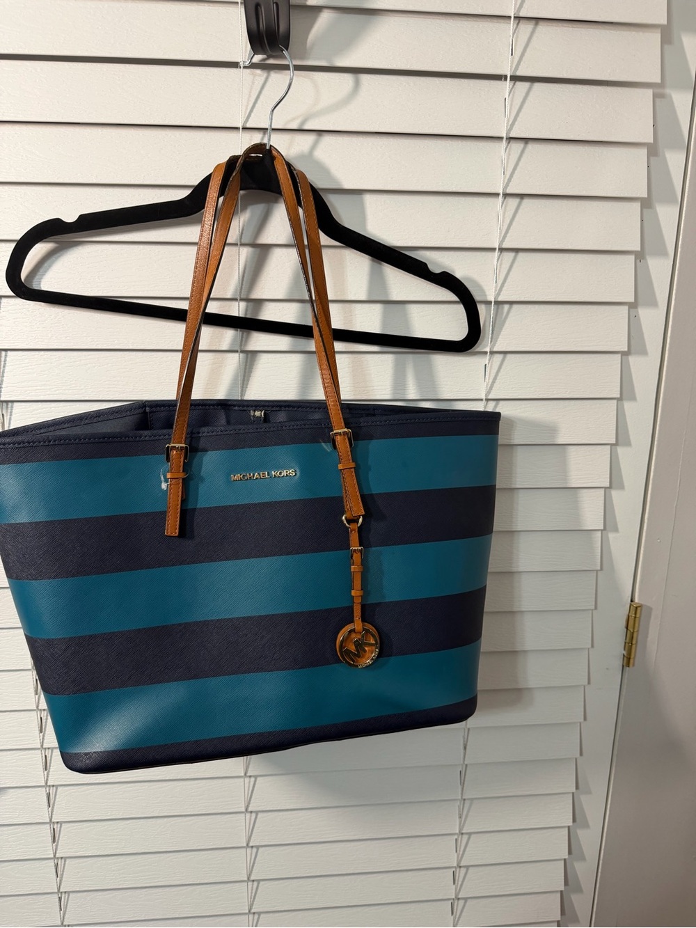 MICHAEL KORS Teal & Navy Striped Tote with Tan Leather Handles - Picture 1 of 5